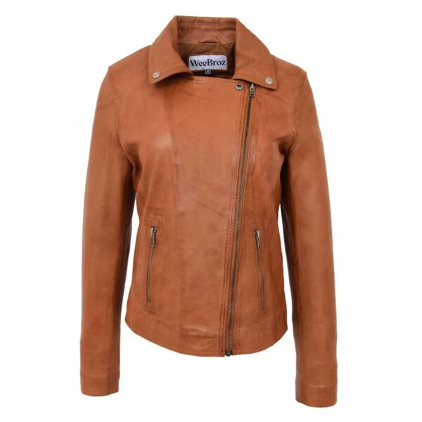 WeeBroz Women's Tan Leather Biker Jacket Asymmetrical Zip Style - Image 3