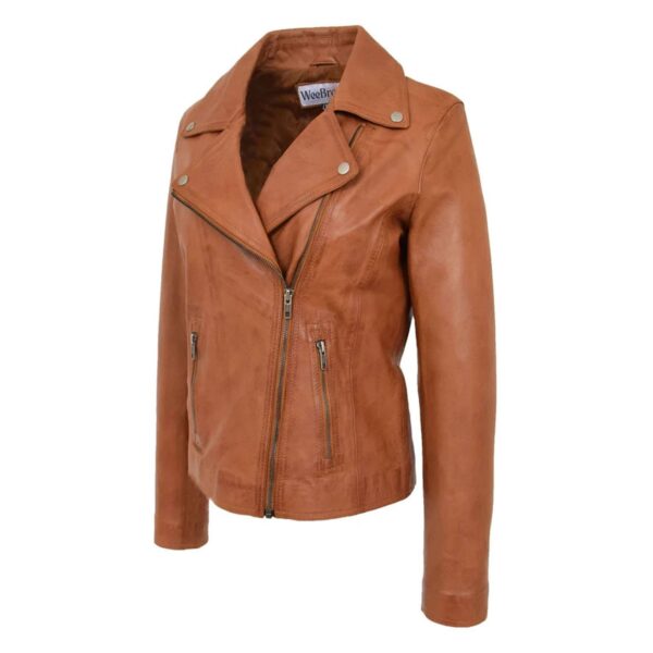 WeeBroz Women's Tan Leather Biker Jacket Asymmetrical Zip Style - Image 4