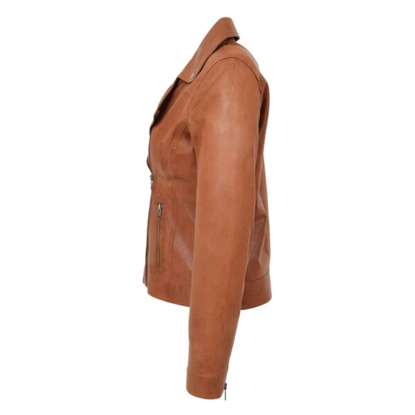 WeeBroz Women's Tan Leather Biker Jacket Asymmetrical Zip Style - Image 6