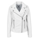 WeeBroz Women's White Leather Biker Jacket Classic Moto Style