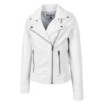 WeeBroz Women's White Leather Biker Jacket Classic Moto Style - Image 6