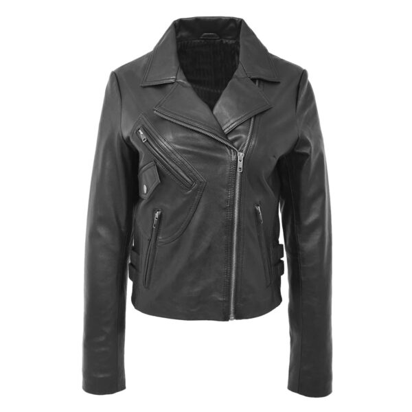 WeeBroz Women's Black Leather Biker Jacket Casual Cross Zip Style - Image 1