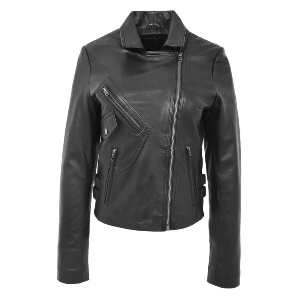 WeeBroz Women's Black Leather Biker Jacket Casual Cross Zip Style - Image 3