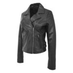 WeeBroz Women's Black Leather Biker Jacket Casual Cross Zip Style - Image 4