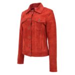 WeeBroz Women's Red Leather Biker Jacket Suede Trucker Style - Image 3