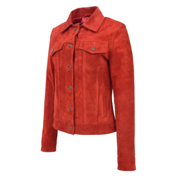 WeeBroz Women's Red Leather Biker Jacket Suede Trucker Style - Image 3