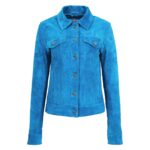 WeeBroz Women's Teal Blue Leather Biker Jacket Suede Trucker Style