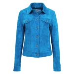WeeBroz Women's Teal Blue Leather Biker Jacket Suede Trucker Style - Image 3