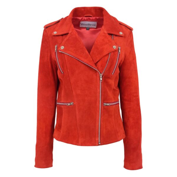 WeeBroz Women's Red Real Leather Biker Jacket Suede Biker Style - Image 1