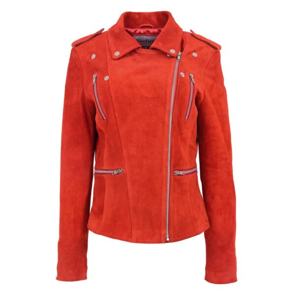 WeeBroz Women's Red Real Leather Biker Jacket Suede Biker Style - Image 3