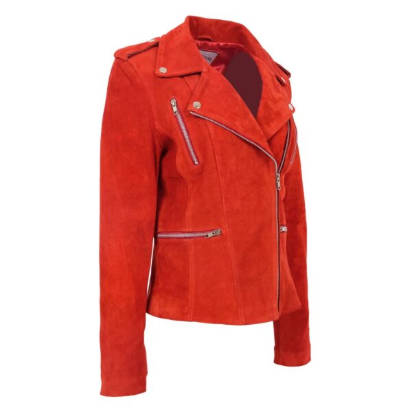 WeeBroz Women's Red Real Leather Biker Jacket Suede Biker Style - Image 4