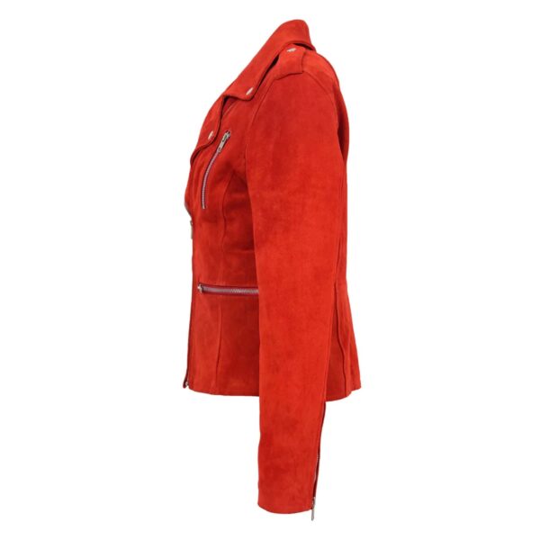 WeeBroz Women's Red Real Leather Biker Jacket Suede Biker Style - Image 6