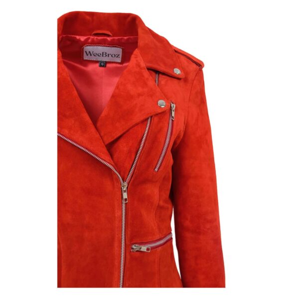 WeeBroz Women's Red Real Leather Biker Jacket Suede Biker Style - Image 7
