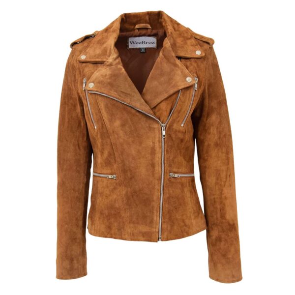 WeeBroz Women's Tan Real Leather Biker Jacket Suede Biker Style - Image 1