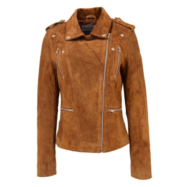 WeeBroz Women's Tan Real Leather Biker Jacket Suede Biker Style - Image 3