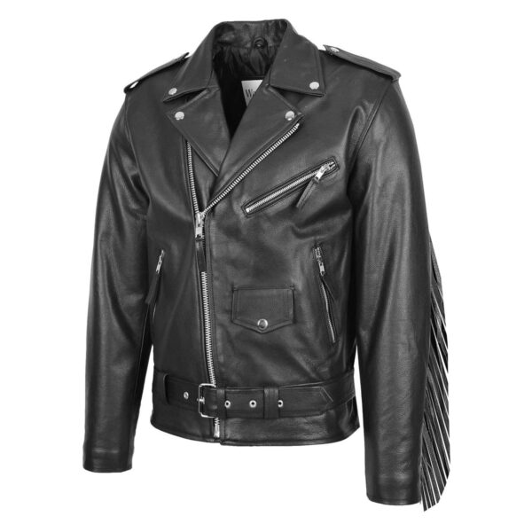WeeBroz Men's Black Leather Biker Jacket Brando Jacket with Fringes Style - Image 1