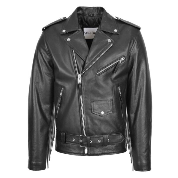 WeeBroz Men's Black Leather Biker Jacket Brando Jacket with Fringes Style - Image 2