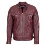 WeeBroz Men's Burgundy Leather Biker Jacket Standing Collar Style