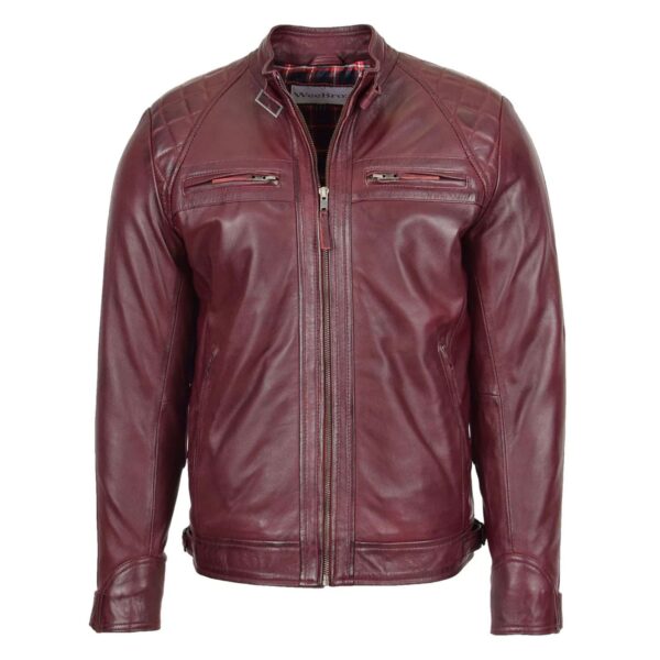 WeeBroz Men's Burgundy Leather Biker Jacket Standing Collar Style - Image 1