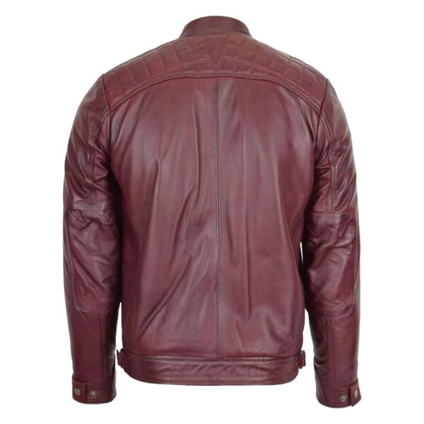 WeeBroz Men's Burgundy Leather Biker Jacket Standing Collar Style - Image 2