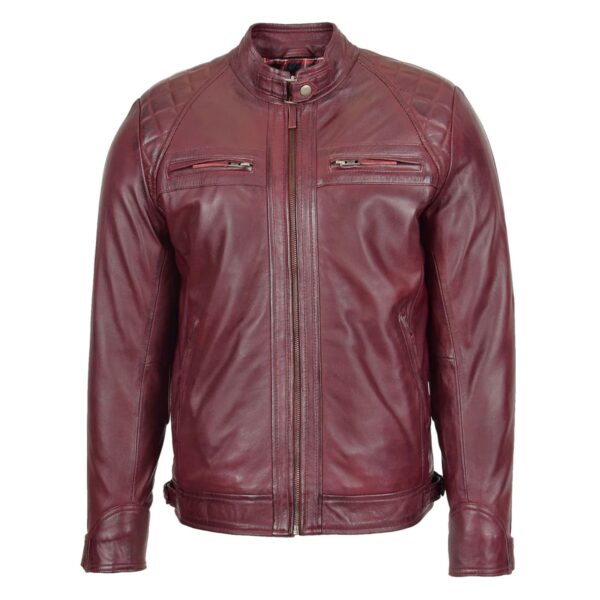 WeeBroz Men's Burgundy Leather Biker Jacket Standing Collar Style - Image 3