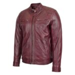 WeeBroz Men's Burgundy Leather Biker Jacket Standing Collar Style - Image 4