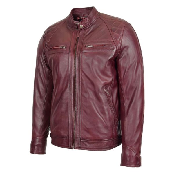 WeeBroz Men's Burgundy Leather Biker Jacket Standing Collar Style - Image 4