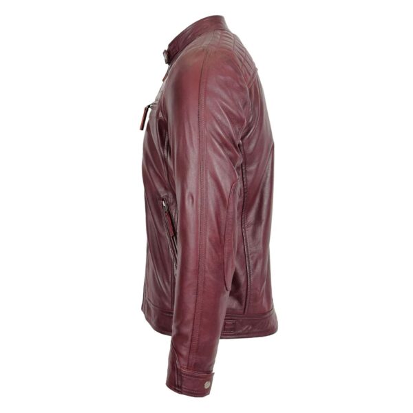 WeeBroz Men's Burgundy Leather Biker Jacket Standing Collar Style - Image 5