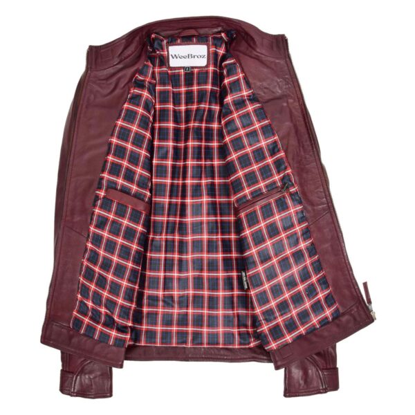 WeeBroz Men's Burgundy Leather Biker Jacket Standing Collar Style - Image 6