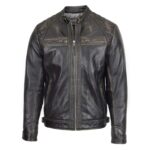 WeeBroz Men's Dark Brown Leather Biker Jacket Standing Collar Style