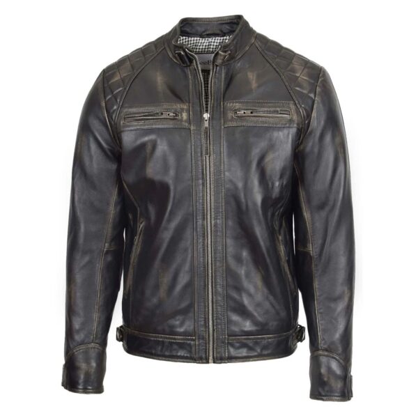 WeeBroz Men's Dark Brown Leather Biker Jacket Standing Collar Style - Image 1