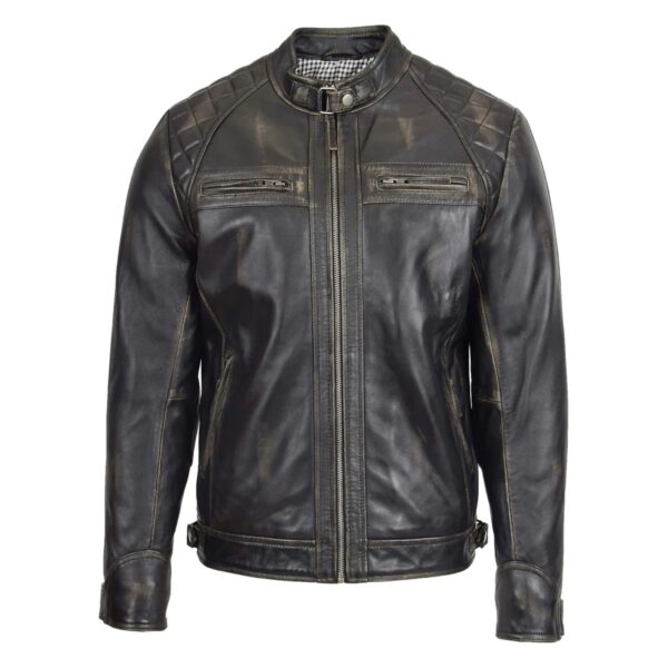 WeeBroz Men's Dark Brown Leather Biker Jacket Standing Collar Style - Image 3