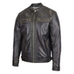 WeeBroz Men's Dark Brown Leather Biker Jacket Standing Collar Style - Image 4