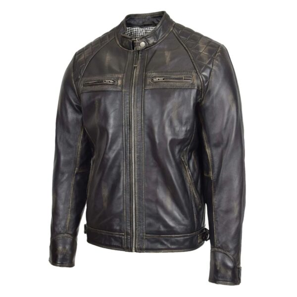 WeeBroz Men's Dark Brown Leather Biker Jacket Standing Collar Style - Image 4