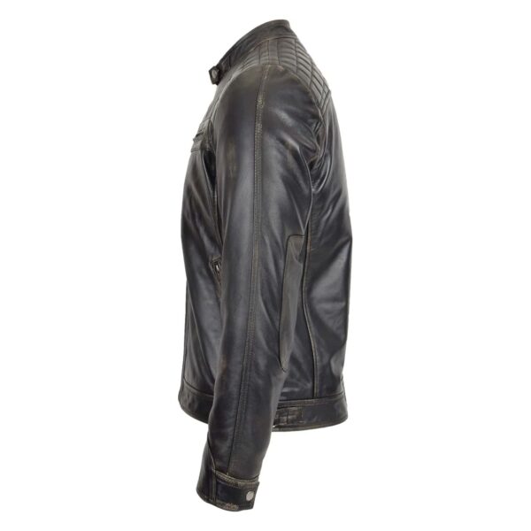 WeeBroz Men's Dark Brown Leather Biker Jacket Standing Collar Style - Image 5