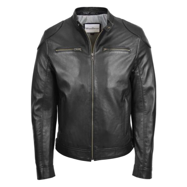 WeeBroz Men's Black Soft Leather Biker Jacket Casual Moto Style - Image 1