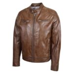 WeeBroz Men's Brown Leather Biker Jacket Casual Rider Style - Image 4