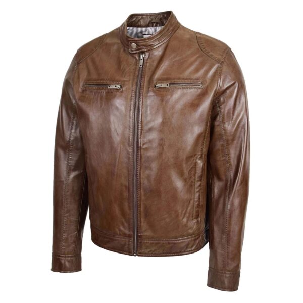 WeeBroz Men's Brown Leather Biker Jacket Casual Rider Style - Image 4