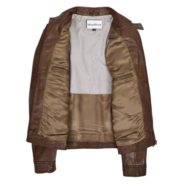 WeeBroz Men's Brown Leather Biker Jacket Casual Rider Style - Image 6