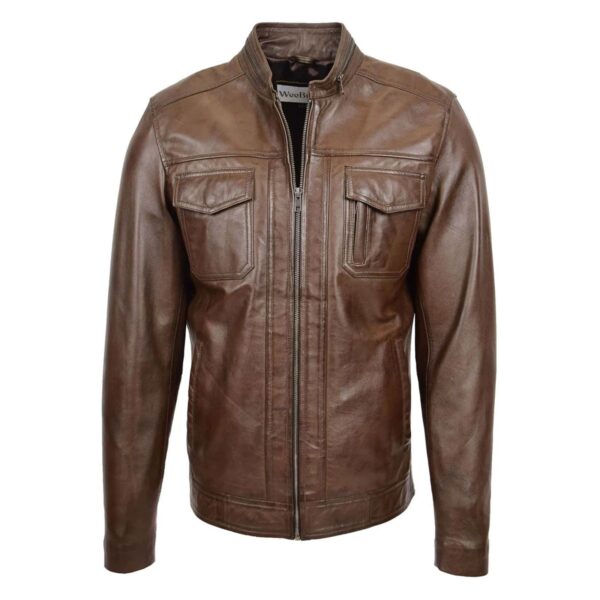 WeeBroz Men's Brown Leather Biker Jacket Moto Biker Style - Image 1
