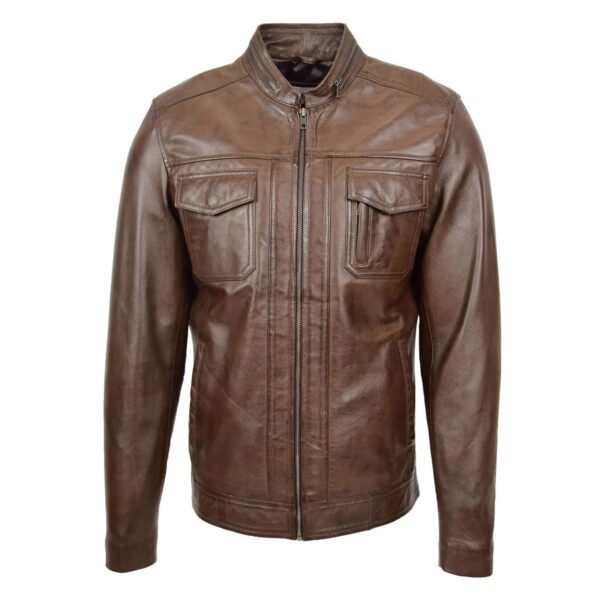 WeeBroz Men's Brown Leather Biker Jacket Moto Biker Style - Image 3