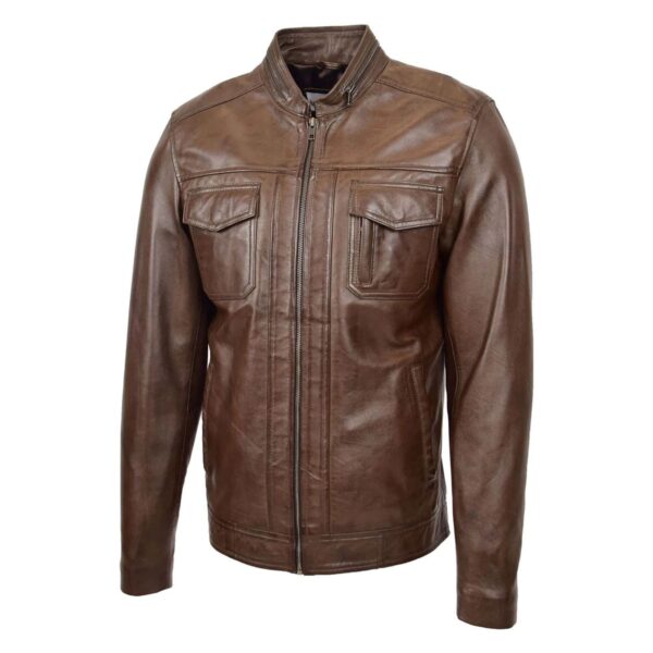 WeeBroz Men's Brown Leather Biker Jacket Moto Biker Style - Image 4