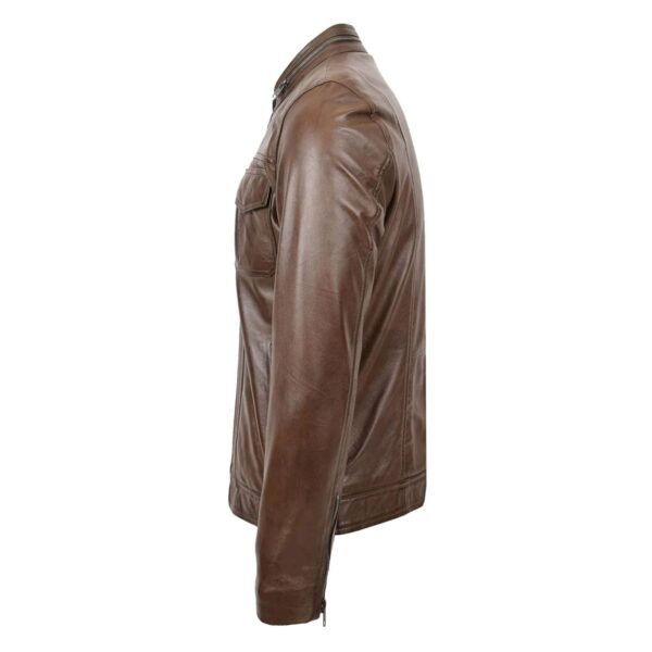 WeeBroz Men's Brown Leather Biker Jacket Moto Biker Style - Image 5