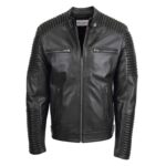 WeeBroz Men's Black Leather Biker Jacket Quilted shoulder Biker Style