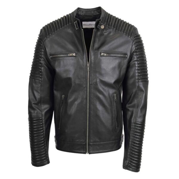 WeeBroz Men's Black Leather Biker Jacket Quilted shoulder Biker Style - Image 1