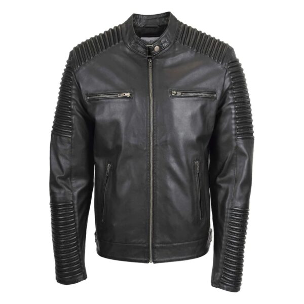 WeeBroz Men's Black Leather Biker Jacket Quilted shoulder Biker Style - Image 3