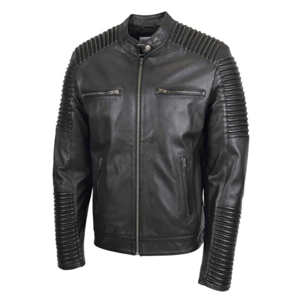 WeeBroz Men's Black Leather Biker Jacket Quilted shoulder Biker Style - Image 4