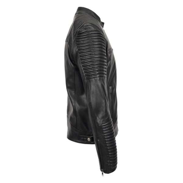 WeeBroz Men's Black Leather Biker Jacket Quilted shoulder Biker Style - Image 5