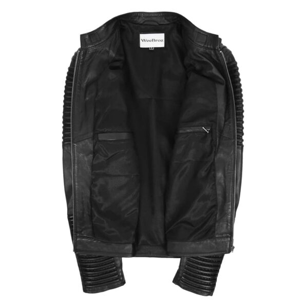 WeeBroz Men's Black Leather Biker Jacket Quilted shoulder Biker Style - Image 6