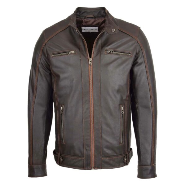 WeeBroz Men's Brown Leather Biker Jacket Zipper Classic Biker Style - Image 1